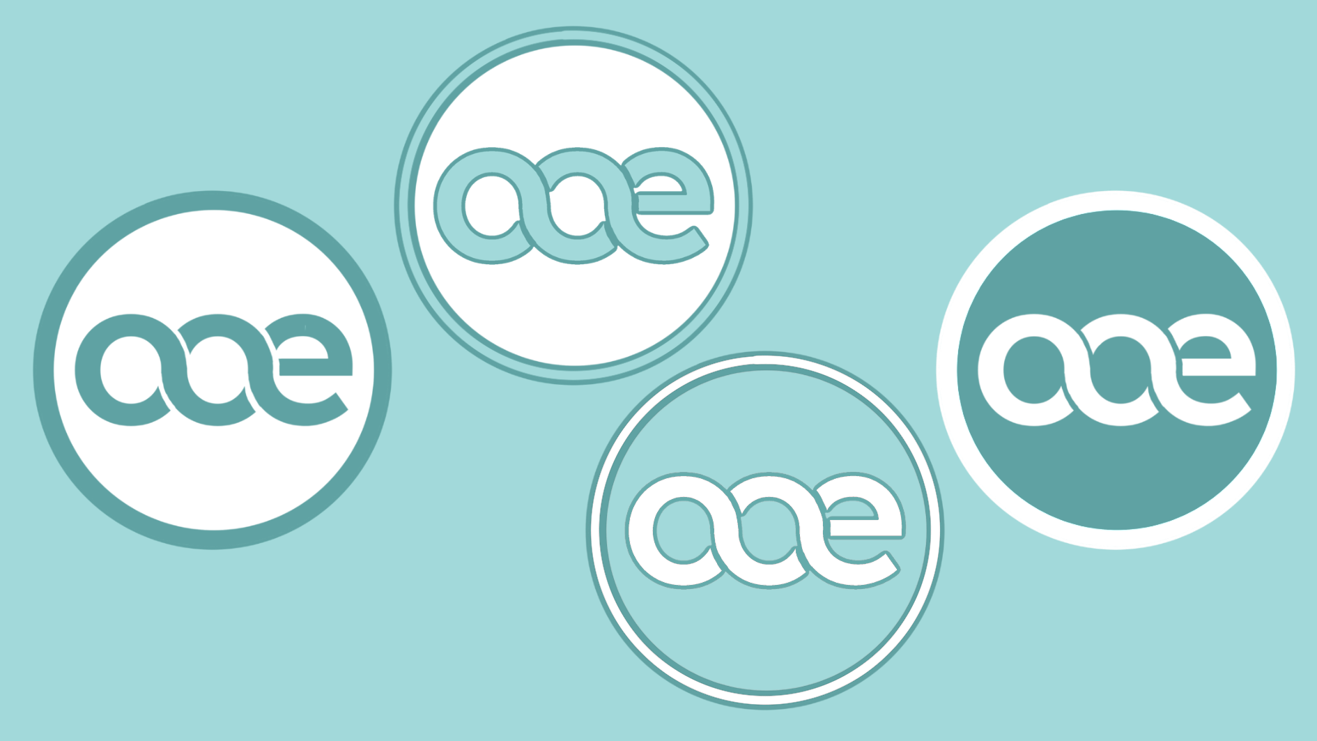 淡青綠色背景上排列四個不同配色與外框的圓形「ooe」字樣